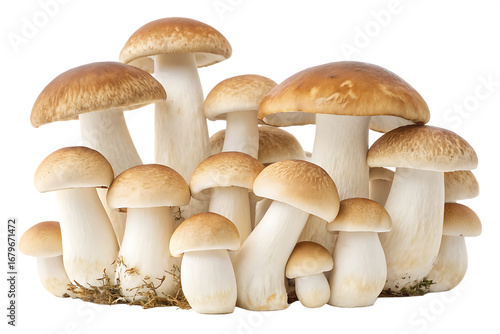 Large group of mushrooms with a tan and white color on transparent or white background