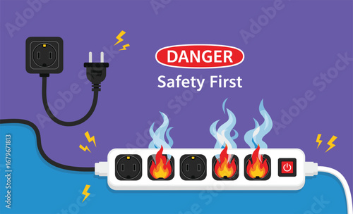 Electrical safety warning illustration with burning power strip, fire hazard alert, overloaded socket danger, vector design for safety awareness content