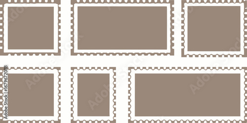 Collection of six blank postage stamp frames with perforated edges in various sizes and orientations