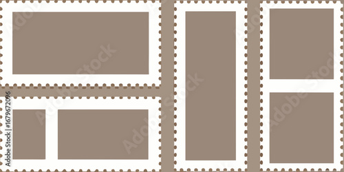 Collection of blank postage stamps in various rectangular shapes and sizes on a neutral background