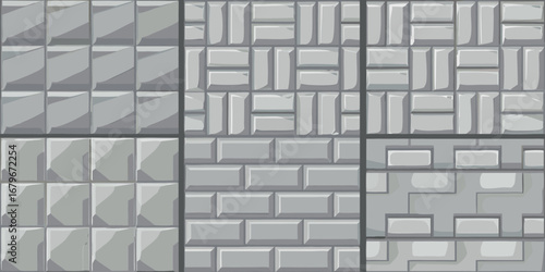 Collection of nine different grey stone tile patterns and textures for backgrounds and design
