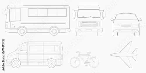 Collection of simple line art illustrations of various vehicles including a bus truck car van bicycle and airplane