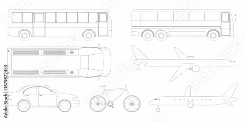 Collection of simple line drawings of various transportation vehicles including buses airplanes cars and a bicycle