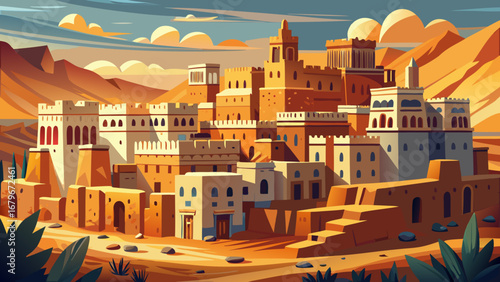 Shibam, Yemen, called the “Manhattan of the Desert,” shows sunlit high-rise mud towers against a vast plain. Warm palette, sharp outlines; semi-realistic flat vector emphasizing vertical rhythm and st