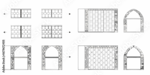 Architectural diagram illustrating the construction process of gothic window designs