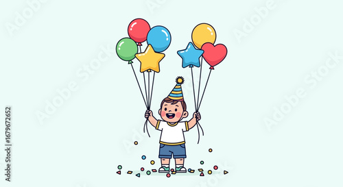Happy child celebrating a birthday with colorful balloons and confetti illustration