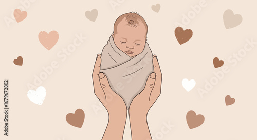 Gentle Embrace Of Newborn Baby, Surrounded By Hearts, Tenderly Held In Loving Hands