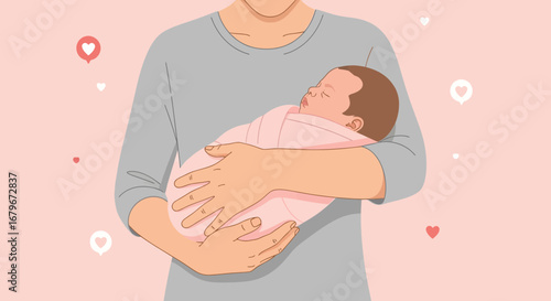 Gentle Embrace: Tender Illustration of A Parent Comforting A Newborn in A Peaceful Setting