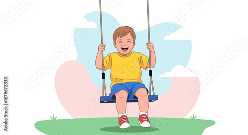 Happy child enjoying a swing ride at the park, having fun and feeling joy