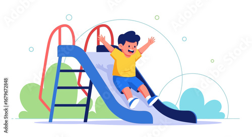 Happy child enjoying the playground slide, having fun while playing outdoors with his friends