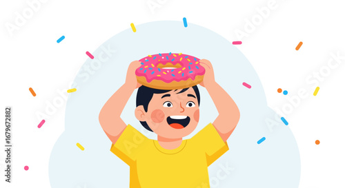 Happy child holding a colorful donut, joyful expression, sprinkle background