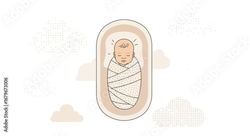 Gentle Newborn Swaddled Peacefully In A Nursery Bed Surrounded By Soft Cloud Motifs
