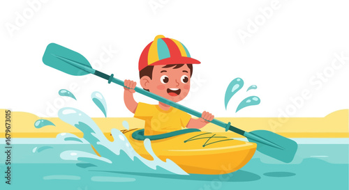 Happy child kayaking in lake with paddle boat for summer leisure activity