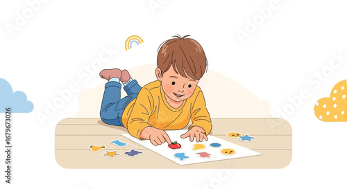 Happy child on the floor playing with colorful shapes, creative education for toddlers