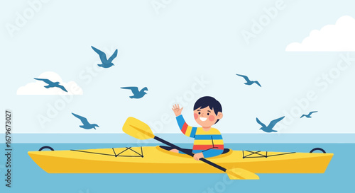 Happy Child Paddling Kayak On Serene Waters with Gulls Flying Overhead