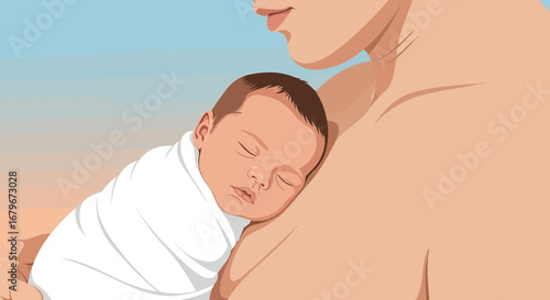 Gentle Newborn, Peaceful Sleep: A Mother's Embrace In Soft Illustrator Style