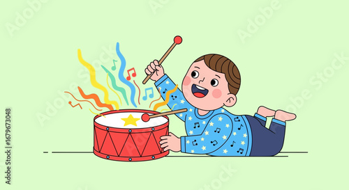 Happy Child Playing a Drum, Colorful Music Notes Flowing, Cheerful Illustration