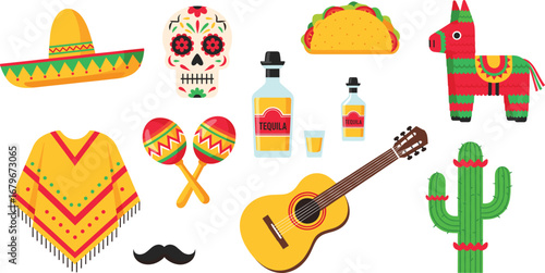 Mexican culture icons including sombrero, sugar skull, taco, piñata, tequila, guitar, cactus, maracas, poncho, and festive traditional elements
