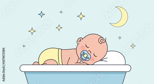 Gentle Slumber: A Peaceful Illustration Depicting a Sleeping Infant Beneath a Night Sky