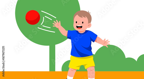 Happy Child Playing with a Ball in a Park Setting Cartoon Illustration Drawing