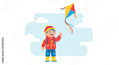 Happy child playing with a colorful kite in outdoor flat illustration design