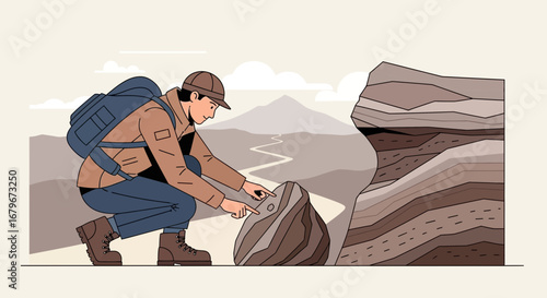 Geologist studying rock formations outdoors, exploring geology with mountain background
