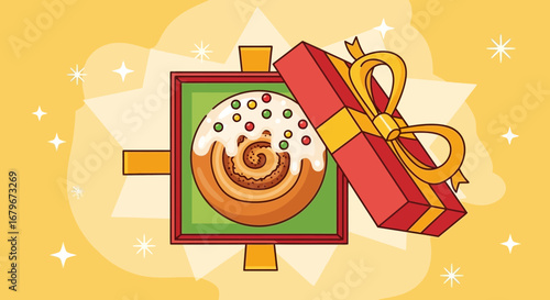 Gift Box with a Cinnamon Roll with Icing and Sprinkles, delicious festive design