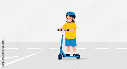 Happy Child Riding A Scooter On A Street, Enjoying Their Outdoor Activity