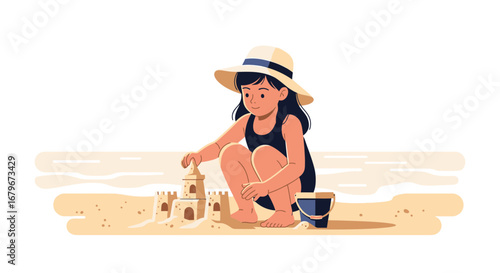 Girl Constructs Enchanting Castle, Delighting in Seaside Summer Fun And Sunlight
