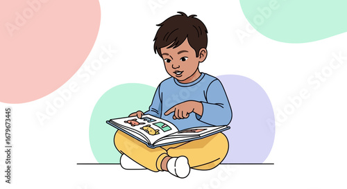 Happy child reading a colorful storybook and pointing at a page with illustrations