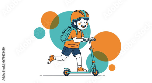 Happy child riding a scooter wearing a helmet with a backpack, vector illustration