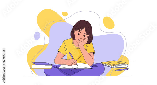 Girl Considering Ideas While Writing In Notebook On Floor Minimalist Line Art Illustration