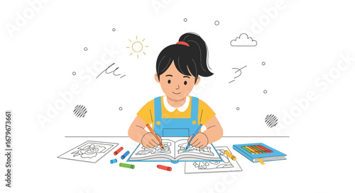 Girl Happily Colors Artwork, Demonstrating Creativity and Artistic Expression Skillfully
