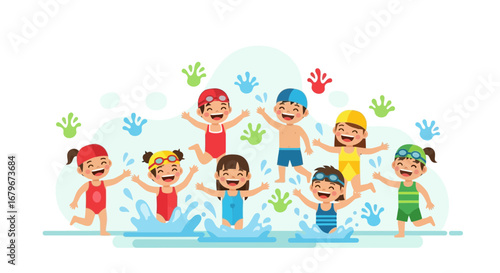 Happy children swimming in the pool enjoying summer season with swimwear and water