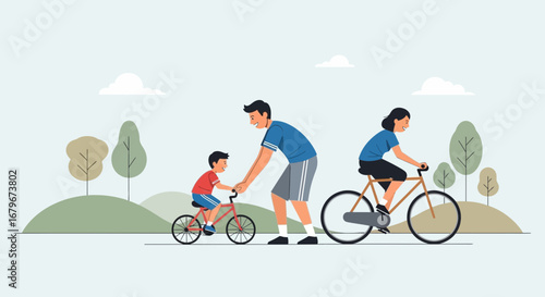 Happy Family Cycling Together During A Sunny Recreational Day Illustration