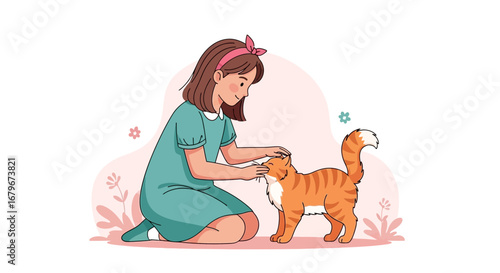 Girl Petting Orange Cat, A Whimsical Illustration Depicting Affectionate Bond