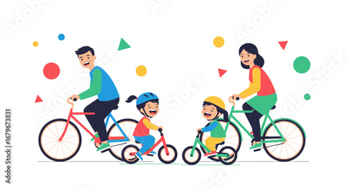 Happy Family Cycling Together in a Colorful Illustration on a Sunny Day