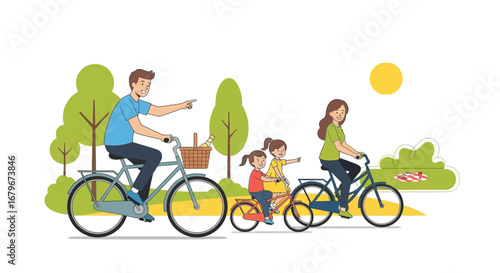 Happy family enjoying a bike ride in a park during a sunny day together