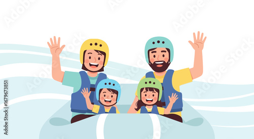 Happy family enjoys white water rafting adventure in a cartoon styled illustration