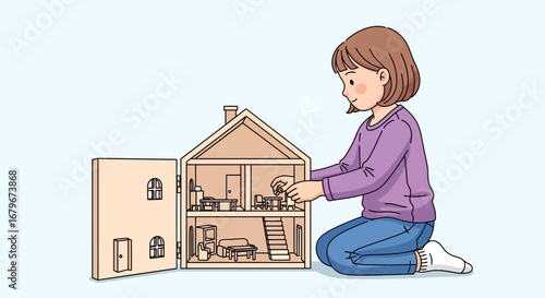 Girl Playing With A Wooden Dollhouse Illustrating Creative Childhood Imagination