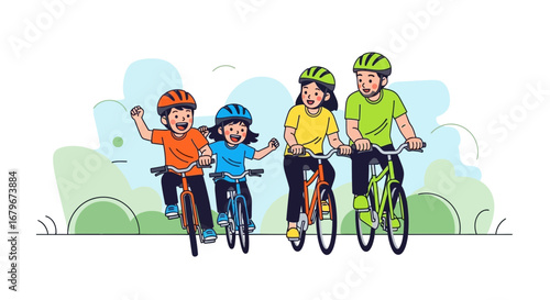 Happy family of four riding bicycles together during a bright and sunny day outdoor