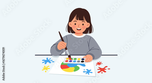 Happy girl painting with watercolors, artistic activity, and creative expression