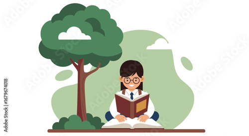 Girl Reading Under A Tree In A Peaceful Park, Illustration in Flat Minimalistic Style