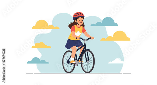 Girl riding bicycle with helmet vector illustration outdoors with clouds and sky