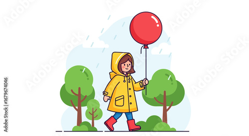 Happy Girl Strolls Under Rain Holding Red Balloon, Surrounded by Grassy Trees in Park
