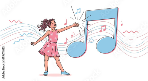 Girl Singing Joyfully With Musical Notes Representing The Pure Joy of Music Creation