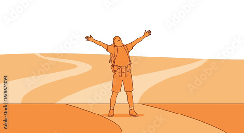 Happy Hiker Celebrating Success on the Trail with Raised Arms vector illustration