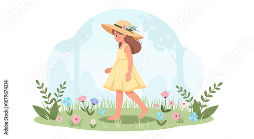 Girl Wandering Through Blossoming Meadow Wearing Sunhat Under Verdant Sky