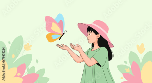 Girl Watches Beautiful Butterfly, Capturing The Essence Of Joy And Nature's Wonders