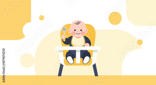 Happy Infant Enjoys Mealtime In A Modern High Chair With Playful Graphic Elements